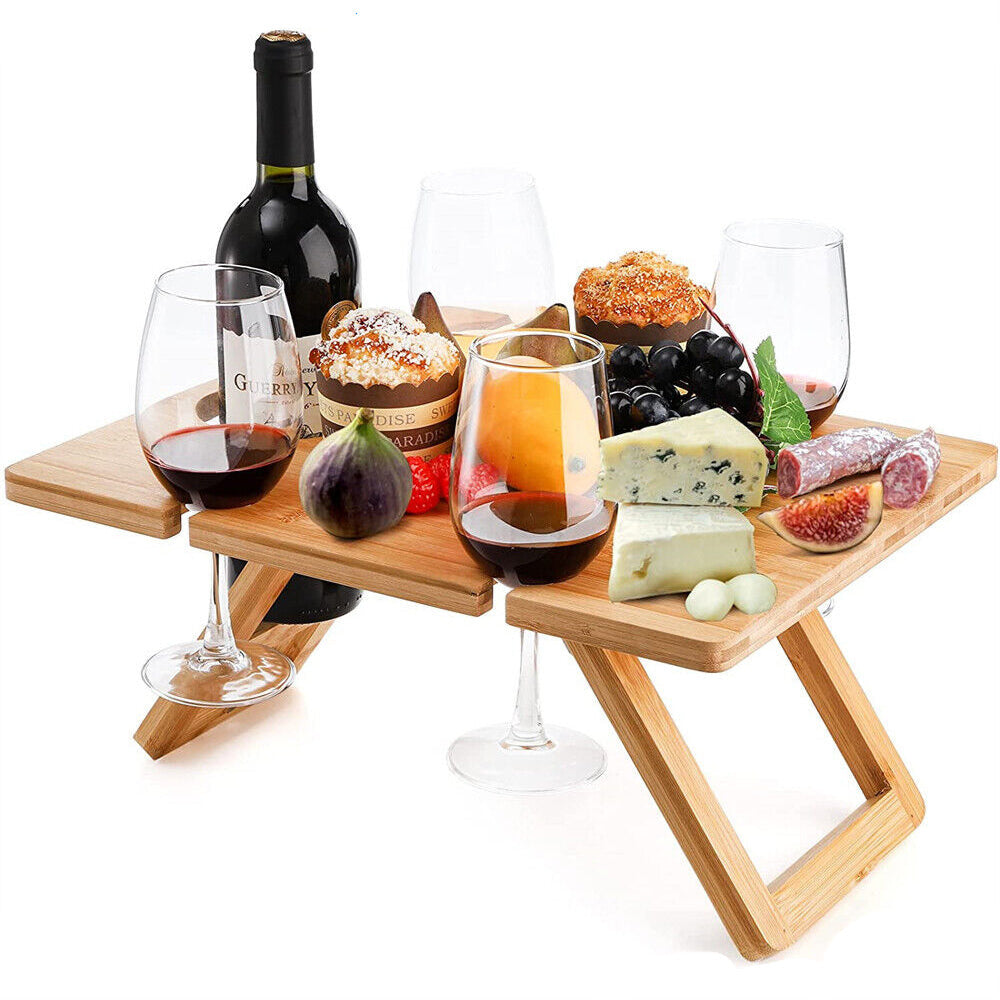 Portable Folding Bamboo Picnic Table w/Wine Glass Holder