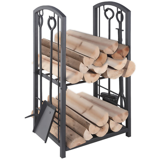 5 Piece Steel Wood Rack & Fireplace Tool Set