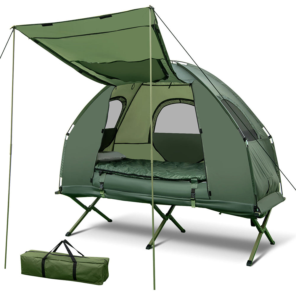 Portable 1 Person/4 Pc Set : Pop-Up Tent, Camping Cot, Air Mattress & Pillow, Sleeping Bag