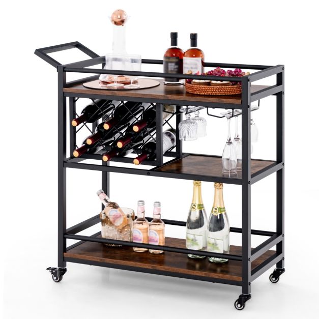 Alba 3-tier Bar Cart on Wheels w/Wine Rack & Glass Holder