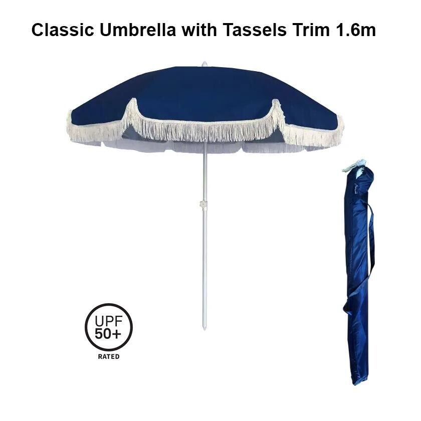 Classic Retro Beach Umbrella w/Tassel Trim