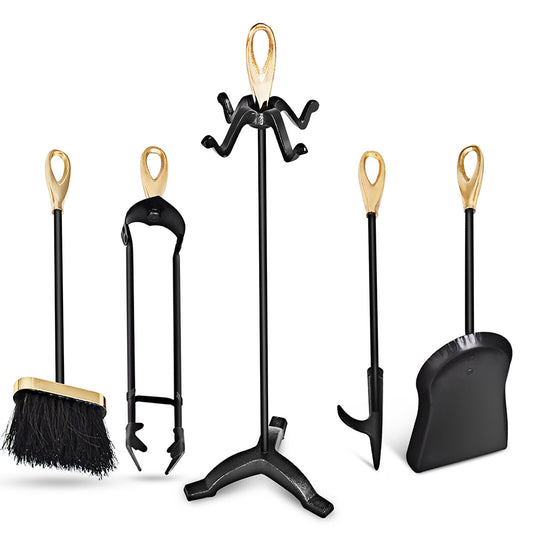 Iron Fireplace  5pc Set -  Shovel, Poker, Tongs, Broom and Stand