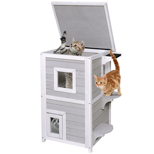 Outdoor 2 Storey Wooden Cat House w/Escape Door