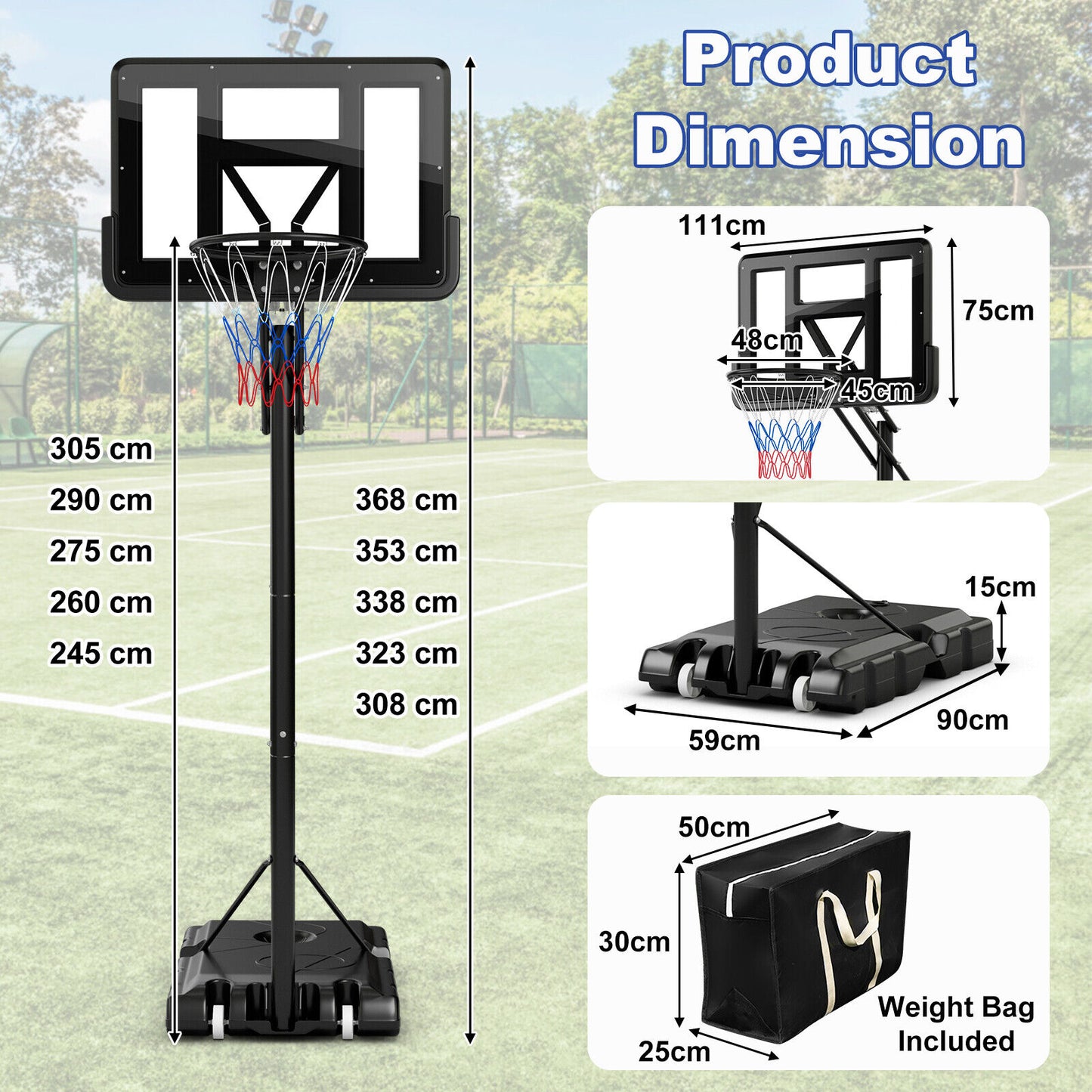 3.05m Portable Adjustable Basketball Hoop w/Secure Bag