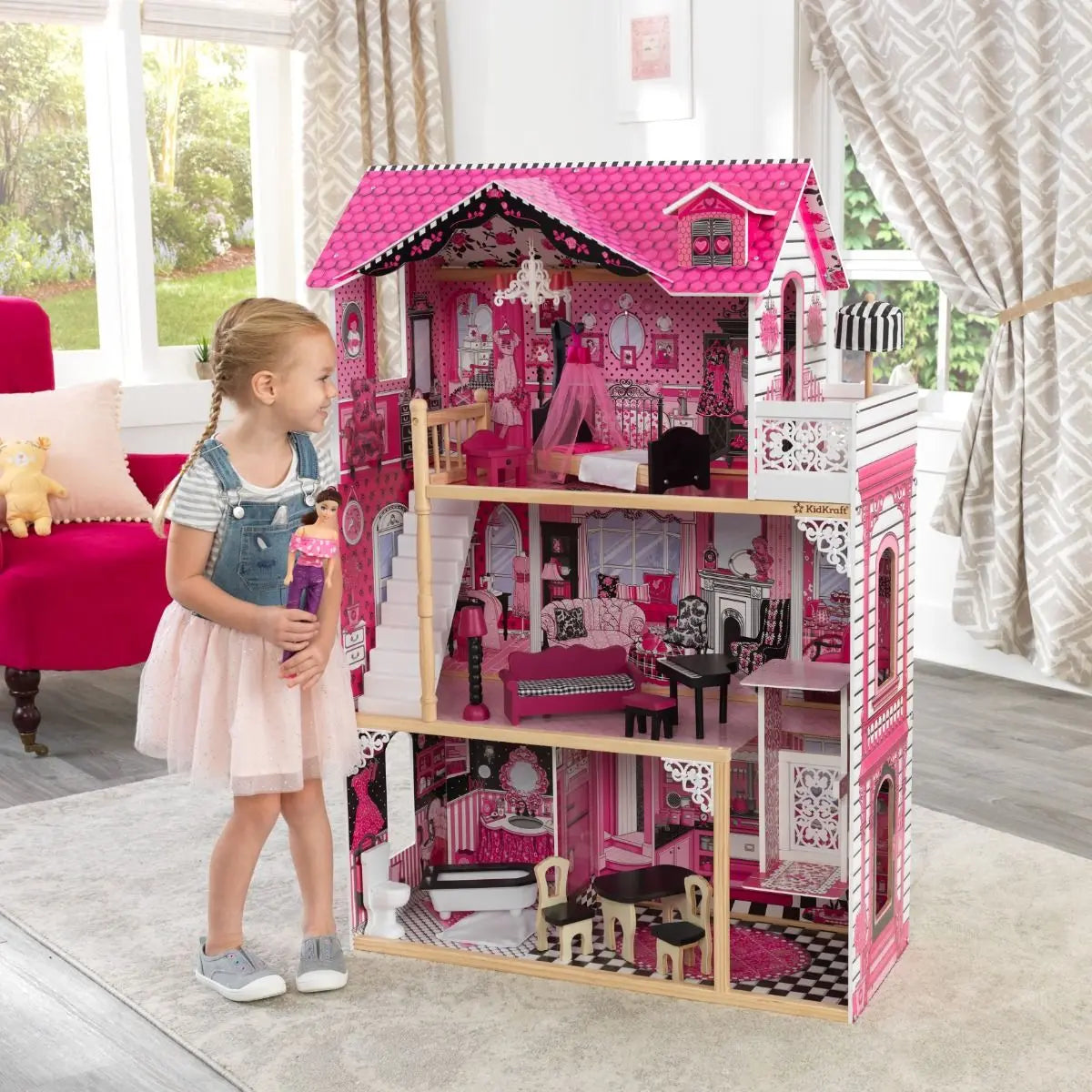 Carolina Stylish Dollhouse - 120cm Height 3 Levels 15 Accessories