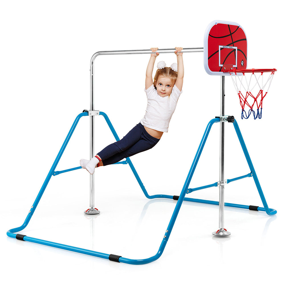 Horizontal Gymnastics Bar for Kids - Folding, Adjustable w/Basketball Hoop