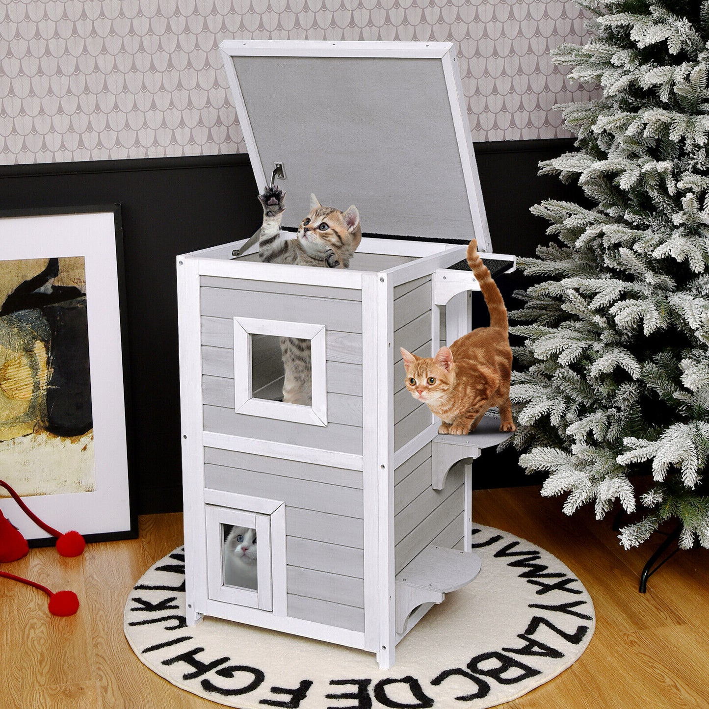 Outdoor 2 Storey Wooden Cat House w/Escape Door