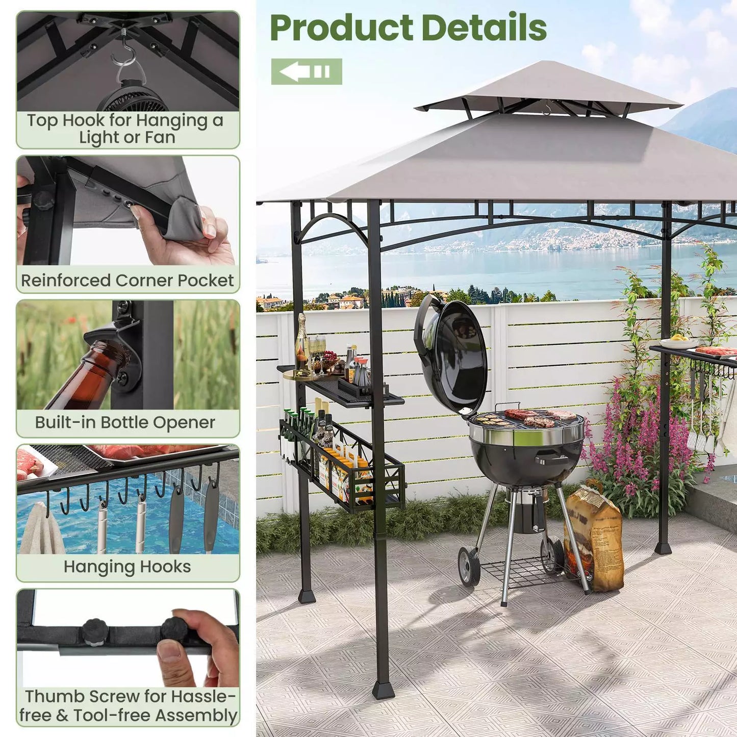 Excel BBQ Grill Gazebo w/Side Shelves & Storage Basket 242 x 153 cm