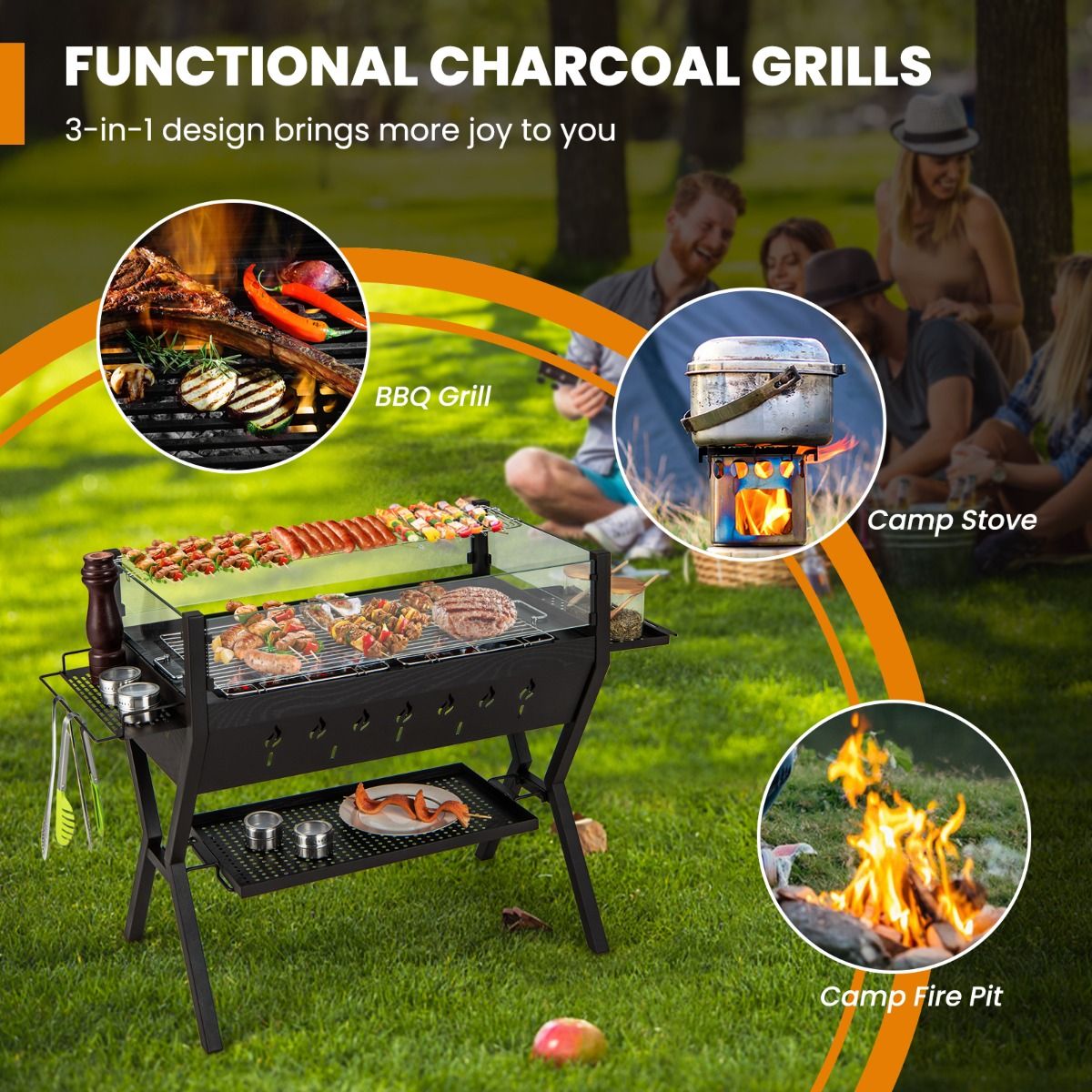 Quintu Barbecue Charcoal Grill w/Wind Guard & Seasoning Racks