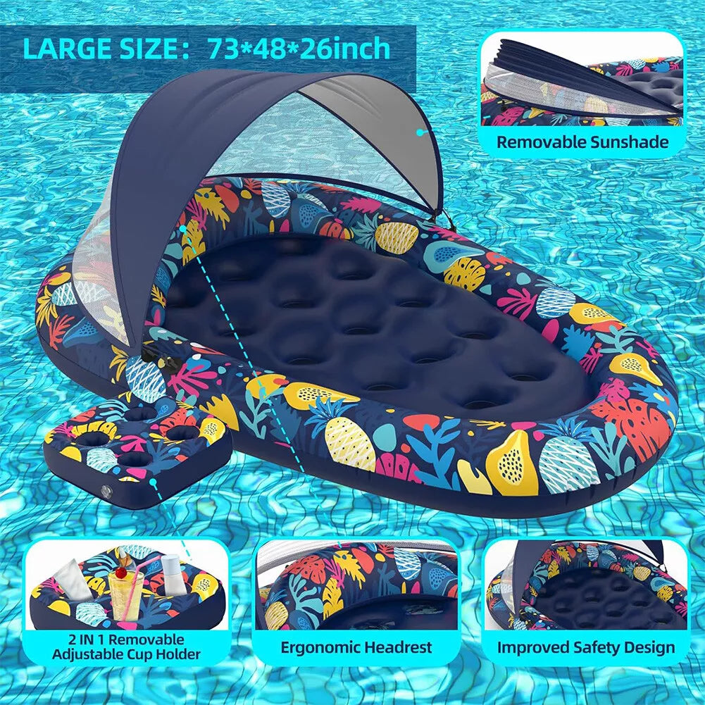 Bimini Inflatable Pool Floatie w/Sun Shade Canopy & Cup Holder