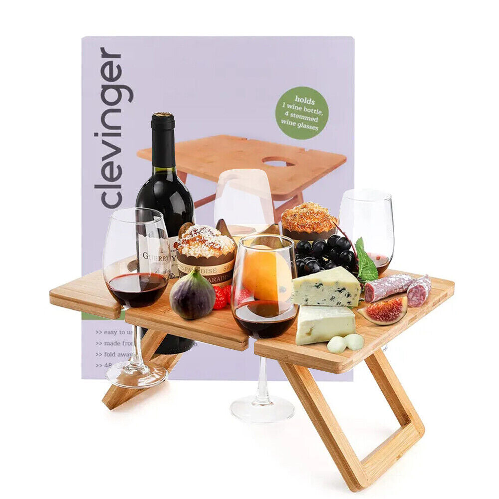 Portable Folding Bamboo Picnic Table w/Wine Glass Holder