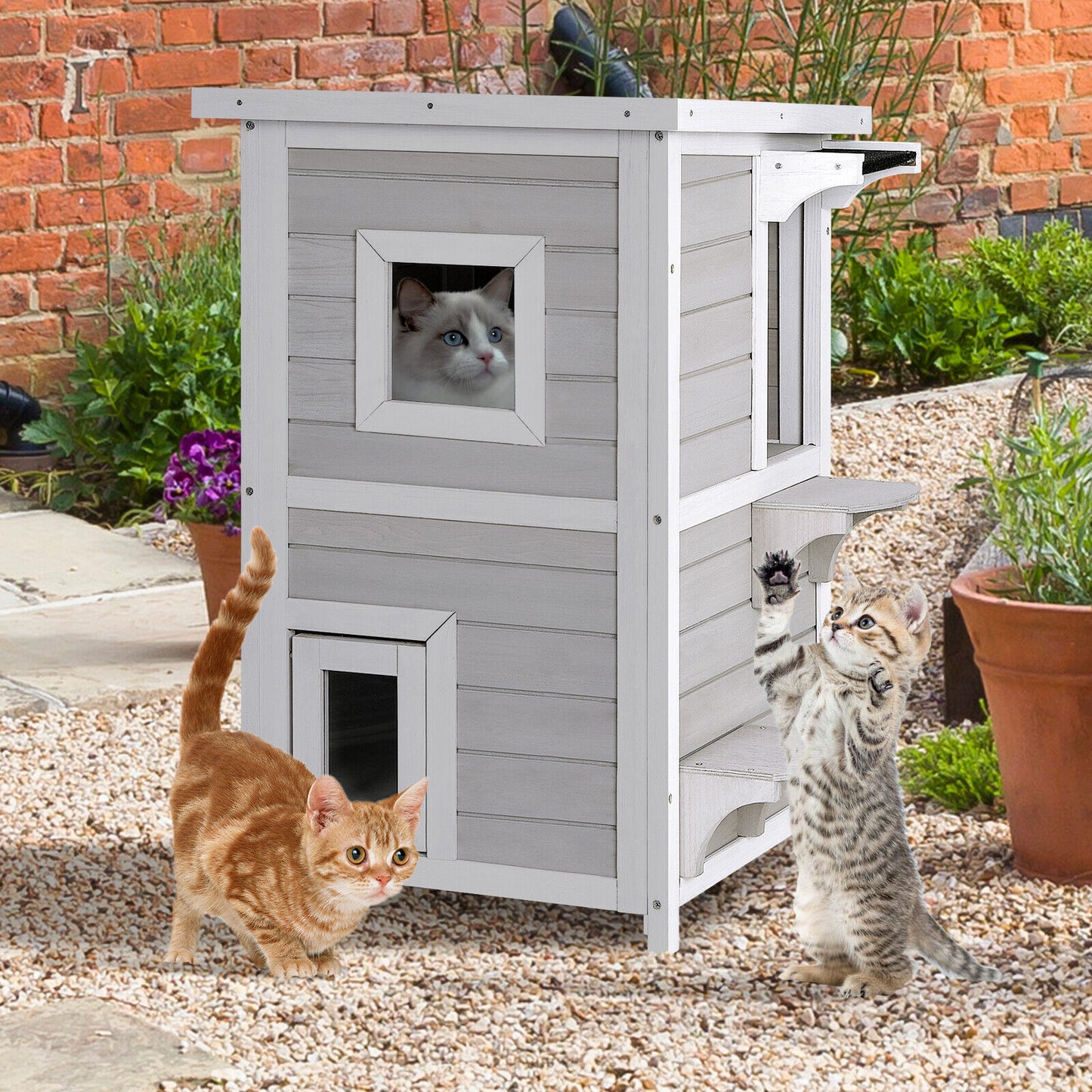 Outdoor 2 Storey Wooden Cat House w/Escape Door