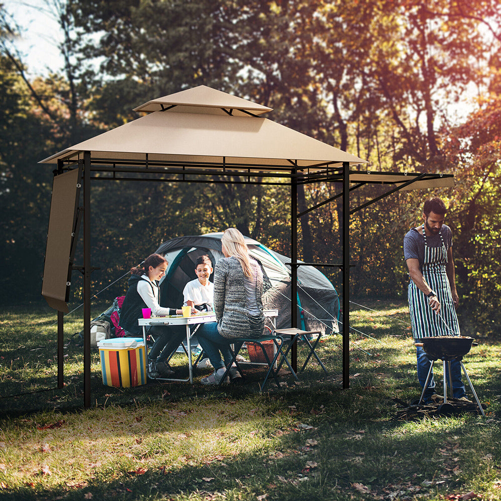 Cortona Patio Gazebo w/Side Awnings,Shelves and 2-Tier Canopy