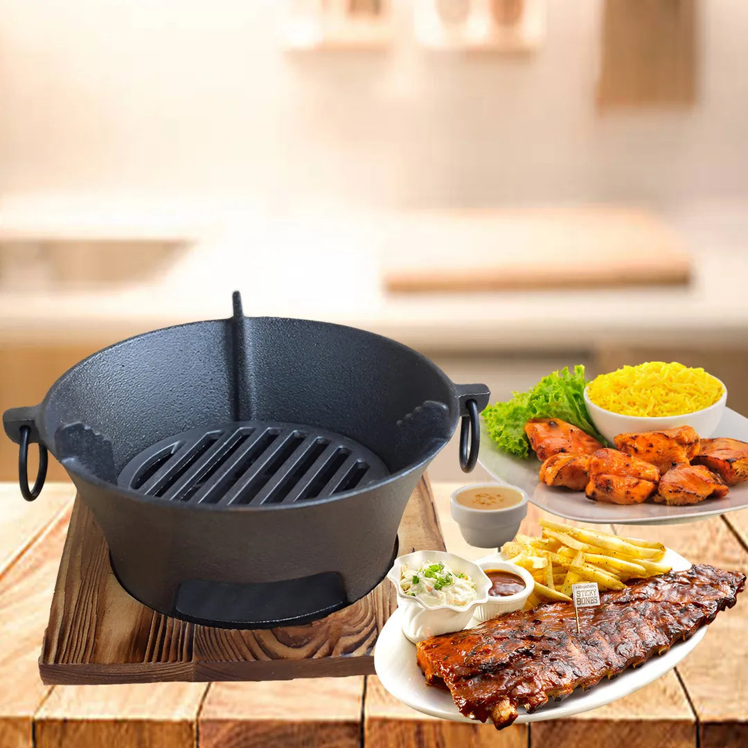 Arigato Cast Iron Charcoal Table Grill/BBQ w/Wooden Board - 3 Sizes