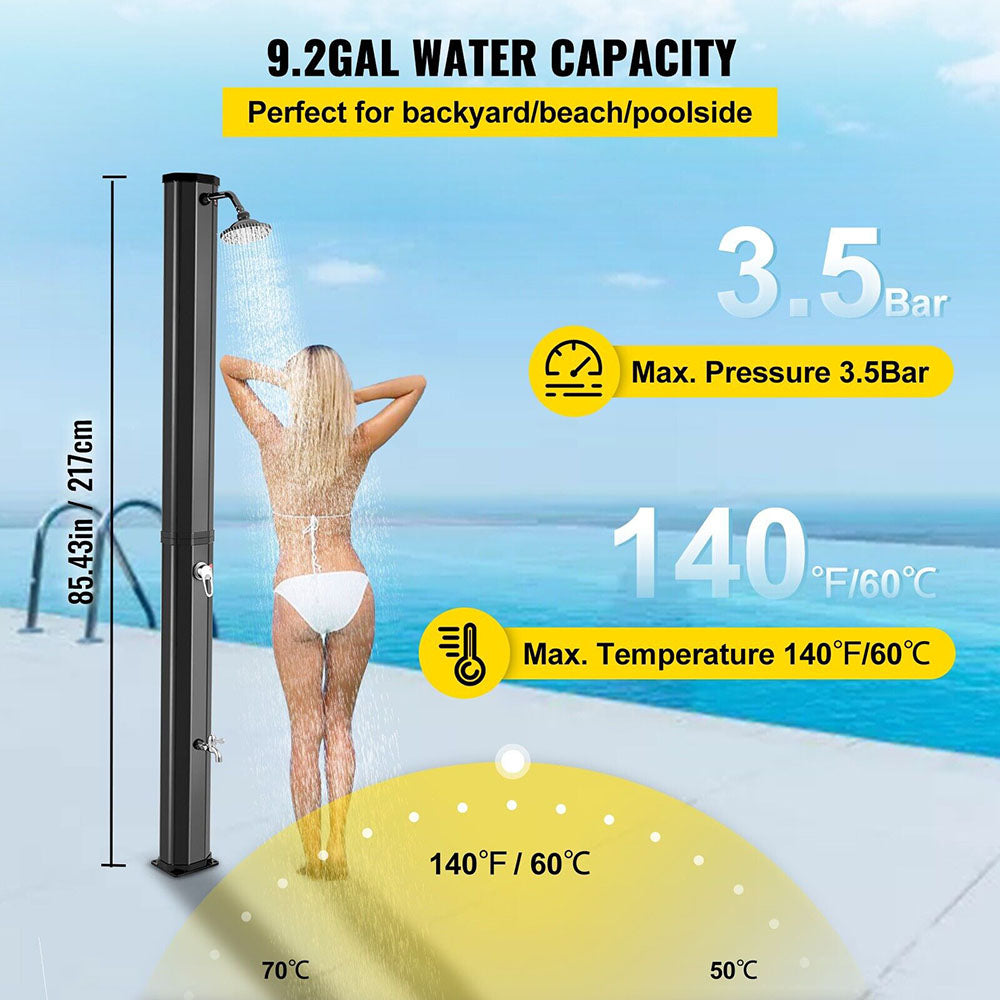 Sunny 2.2m Solar Heated Shower w/360° Head & Foot Tap Spigot -  35L