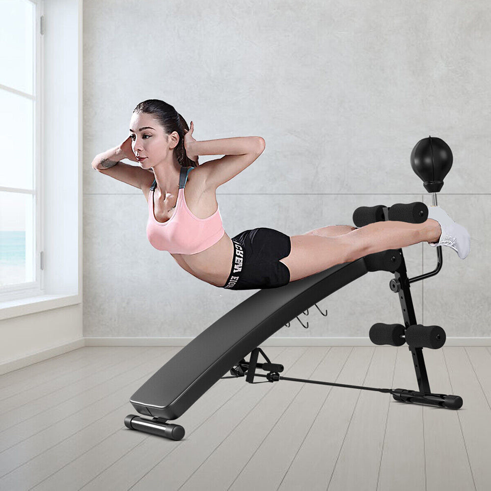 Adjustable Incline Curved Fitness Sit Up Bench w/Speed Ball 2 straps