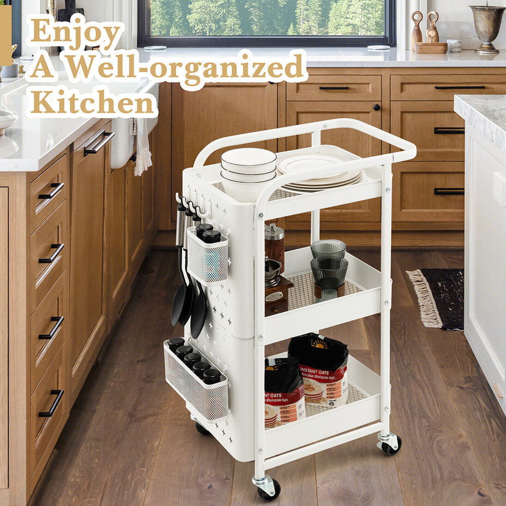 Arca 3-Tier Kitchen Storage Trolley w/ Shelves, Pegboards