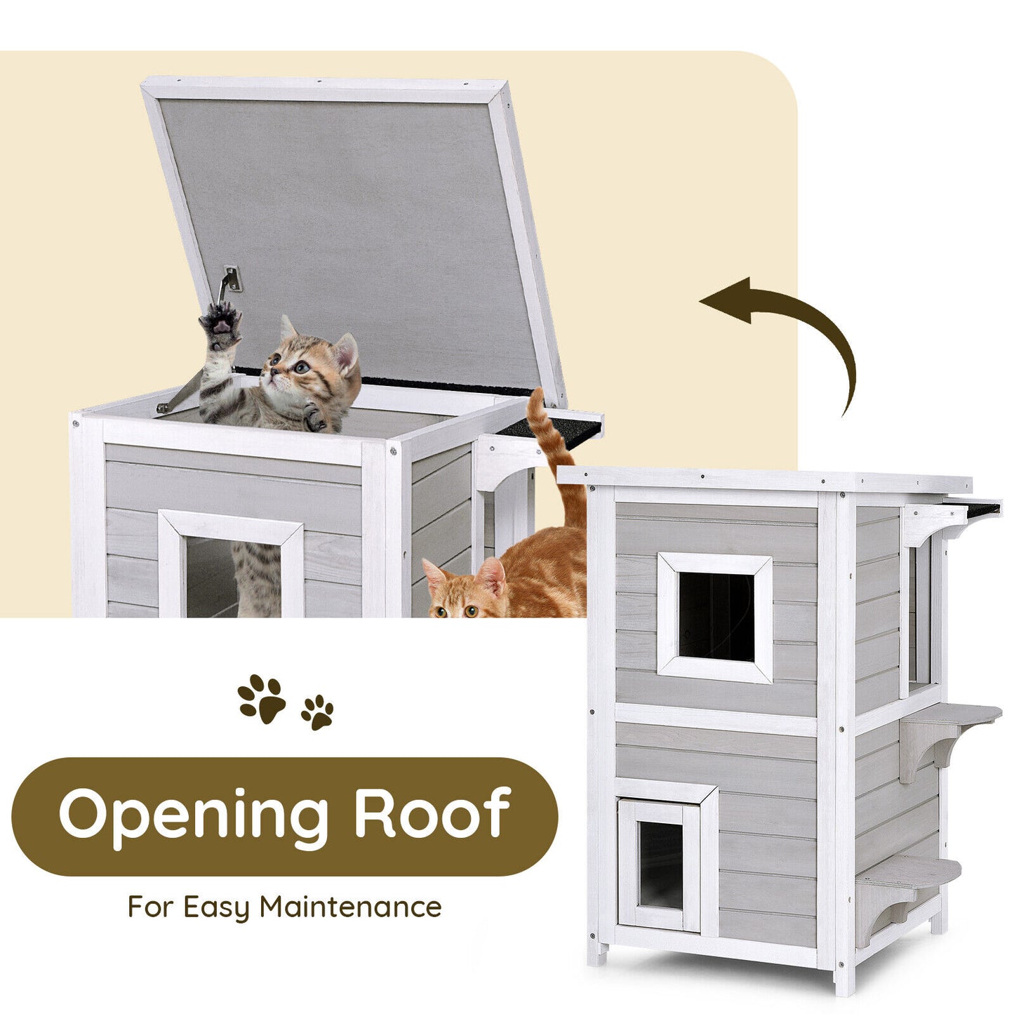 Outdoor 2 Storey Wooden Cat House w/Escape Door