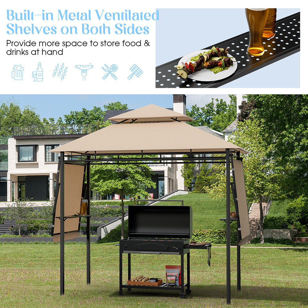 Cortona Patio Gazebo w/Side Awnings,Shelves and 2-Tier Canopy