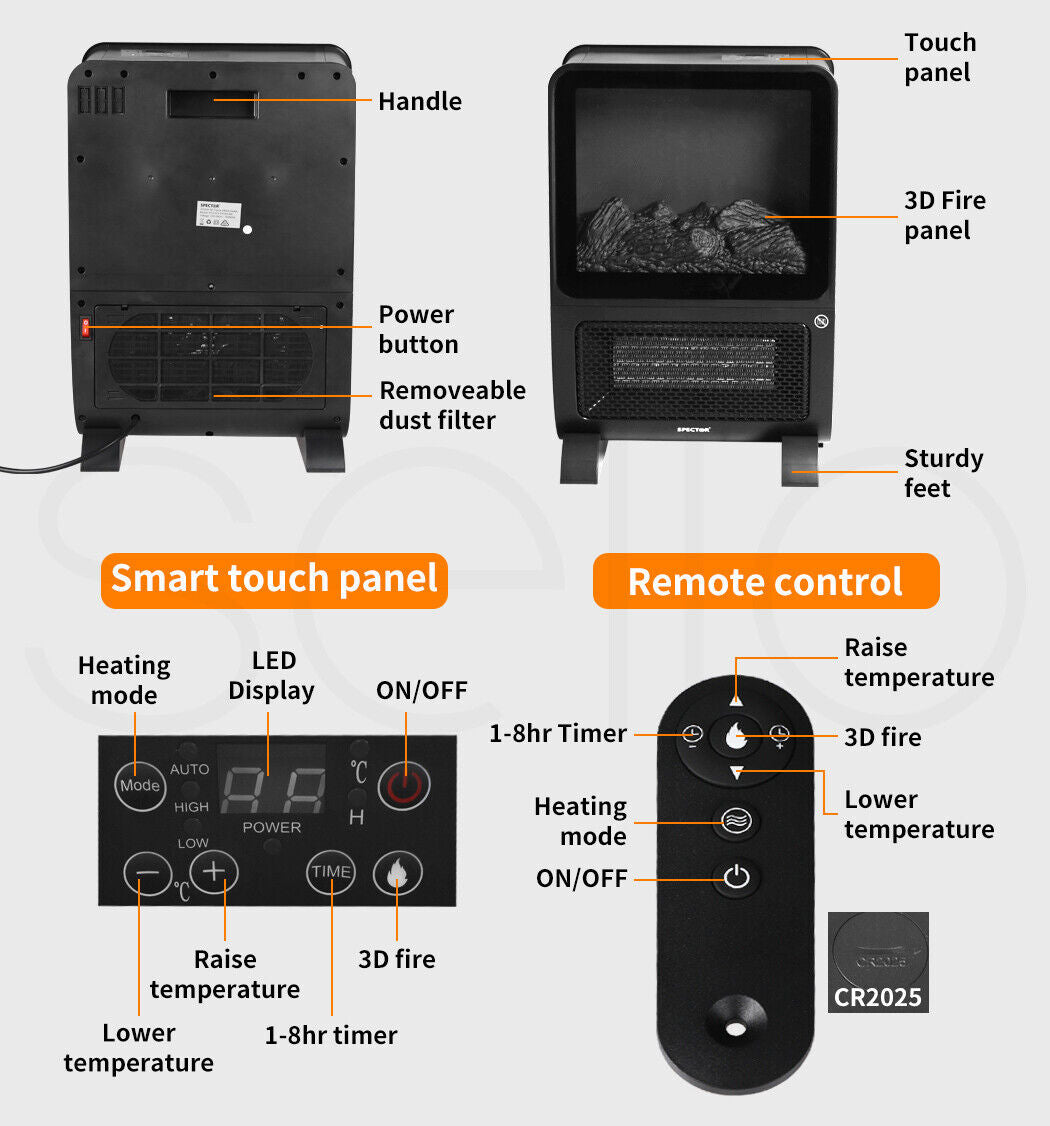 Aura Portable Electric Heater 2000W w/3D Fire