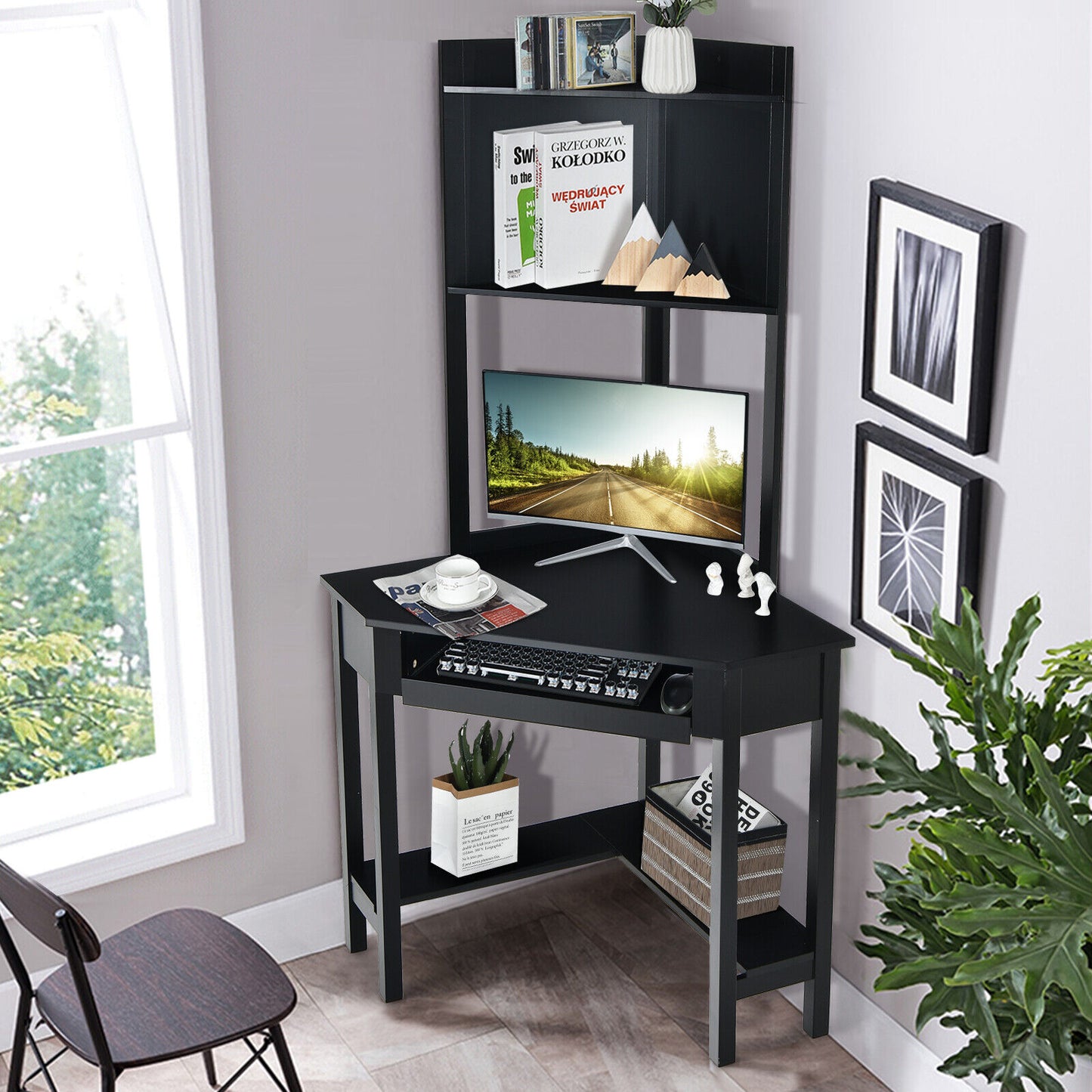 Mille Triangular Corner Desk w/ Hutch & Keyboard Tray