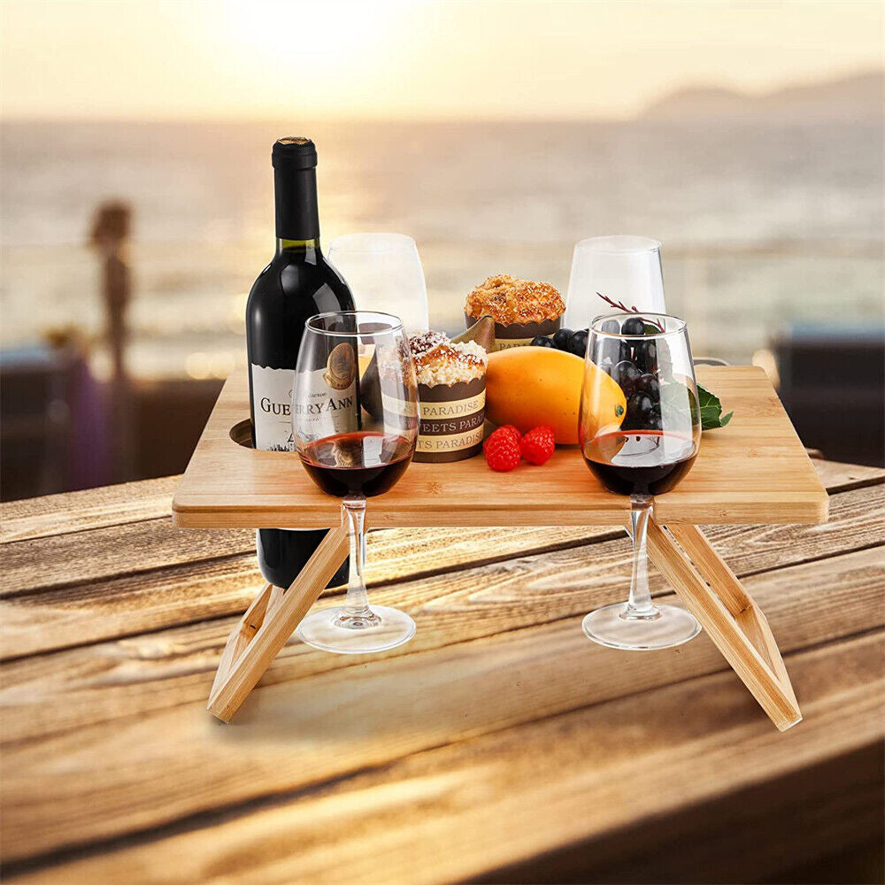 Portable Folding Bamboo Picnic Table w/Wine Glass Holder