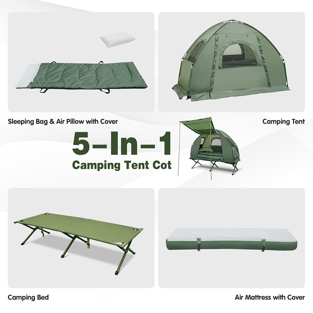 Portable 1 Person/4 Pc Set : Pop-Up Tent, Camping Cot, Air Mattress & Pillow, Sleeping Bag