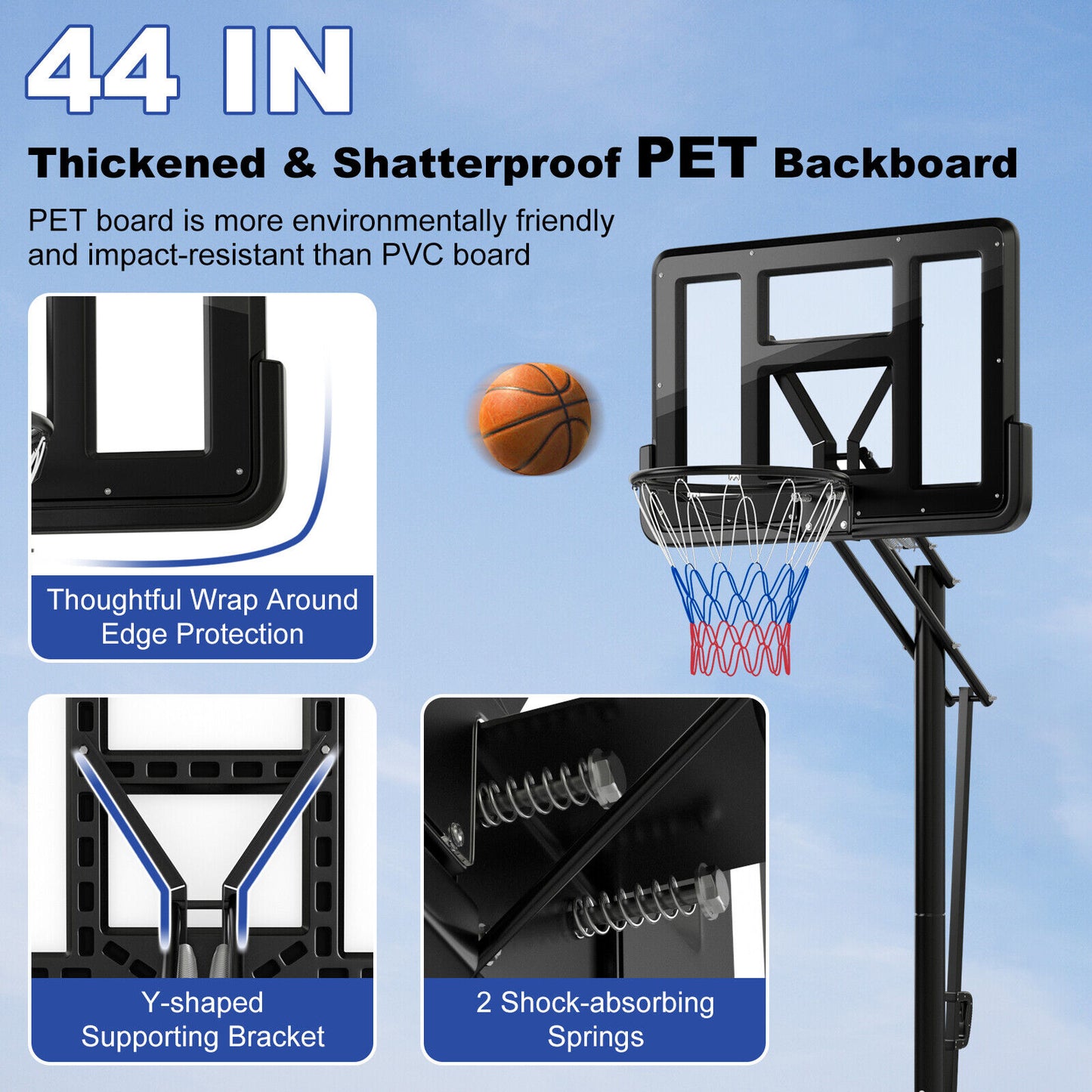 3.05m Portable Adjustable Basketball Hoop w/Secure Bag