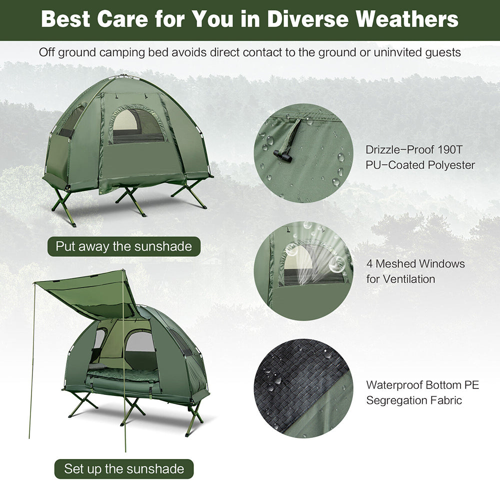 Portable 1 Person/4 Pc Set : Pop-Up Tent, Camping Cot, Air Mattress & Pillow, Sleeping Bag