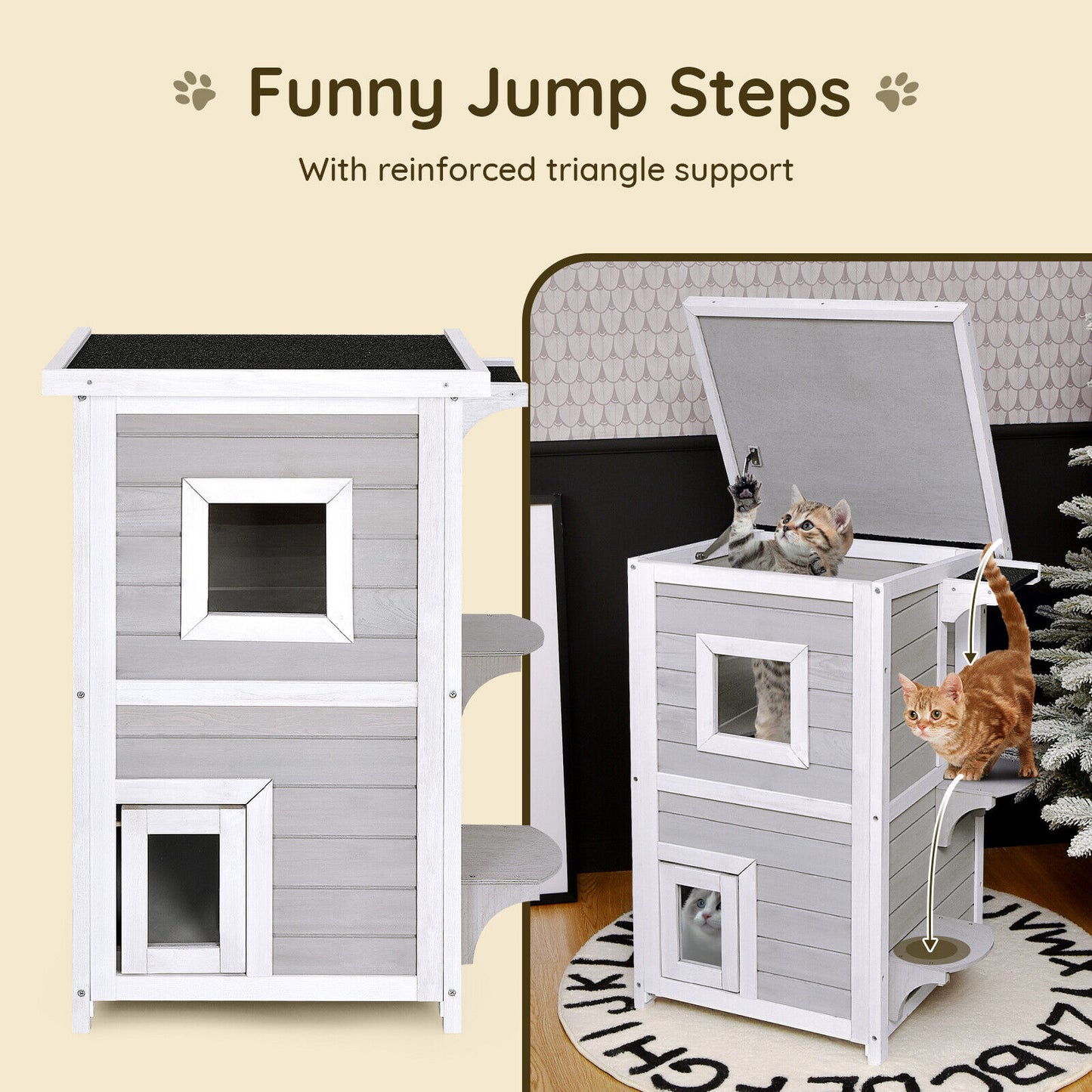 Outdoor 2 Storey Wooden Cat House w/Escape Door