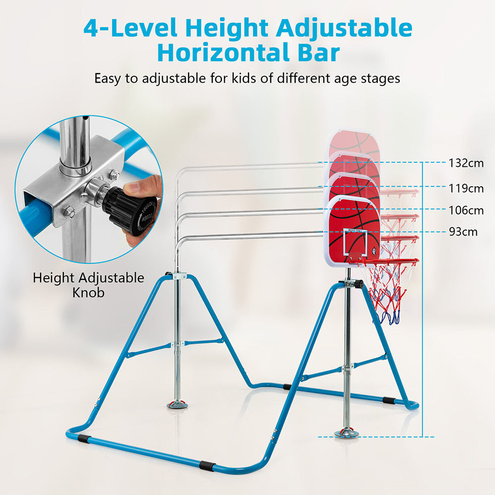 Horizontal Gymnastics Bar for Kids - Folding, Adjustable w/Basketball Hoop