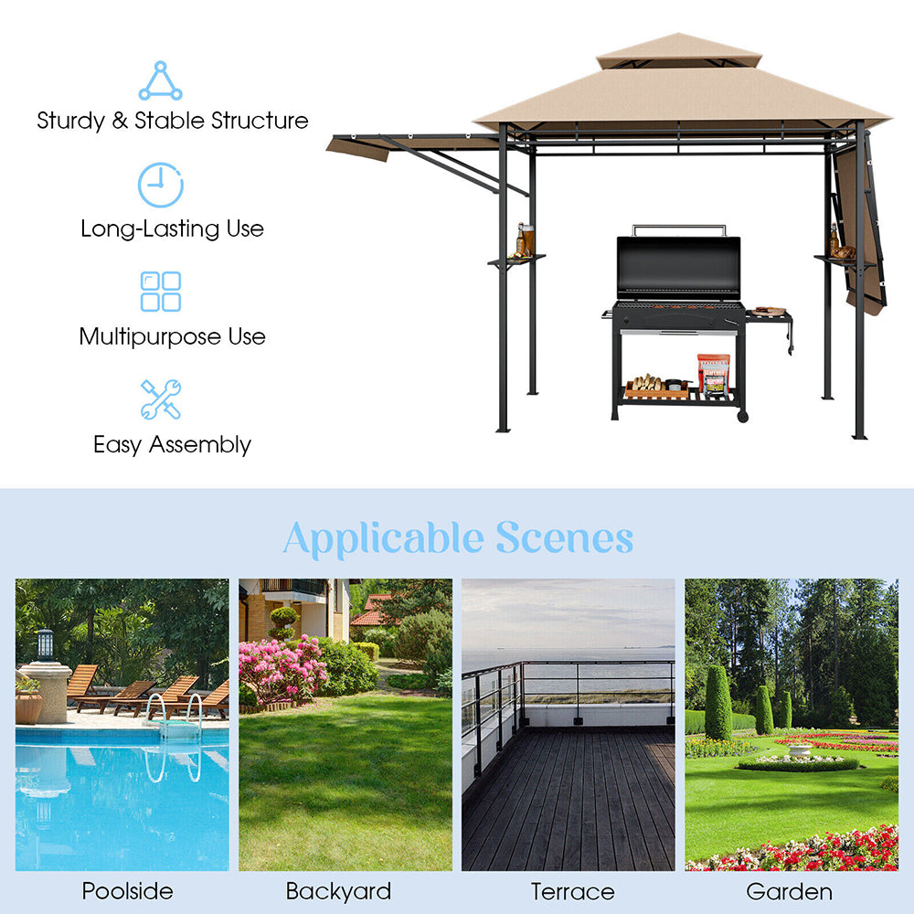 Cortona Patio Gazebo w/Side Awnings,Shelves and 2-Tier Canopy