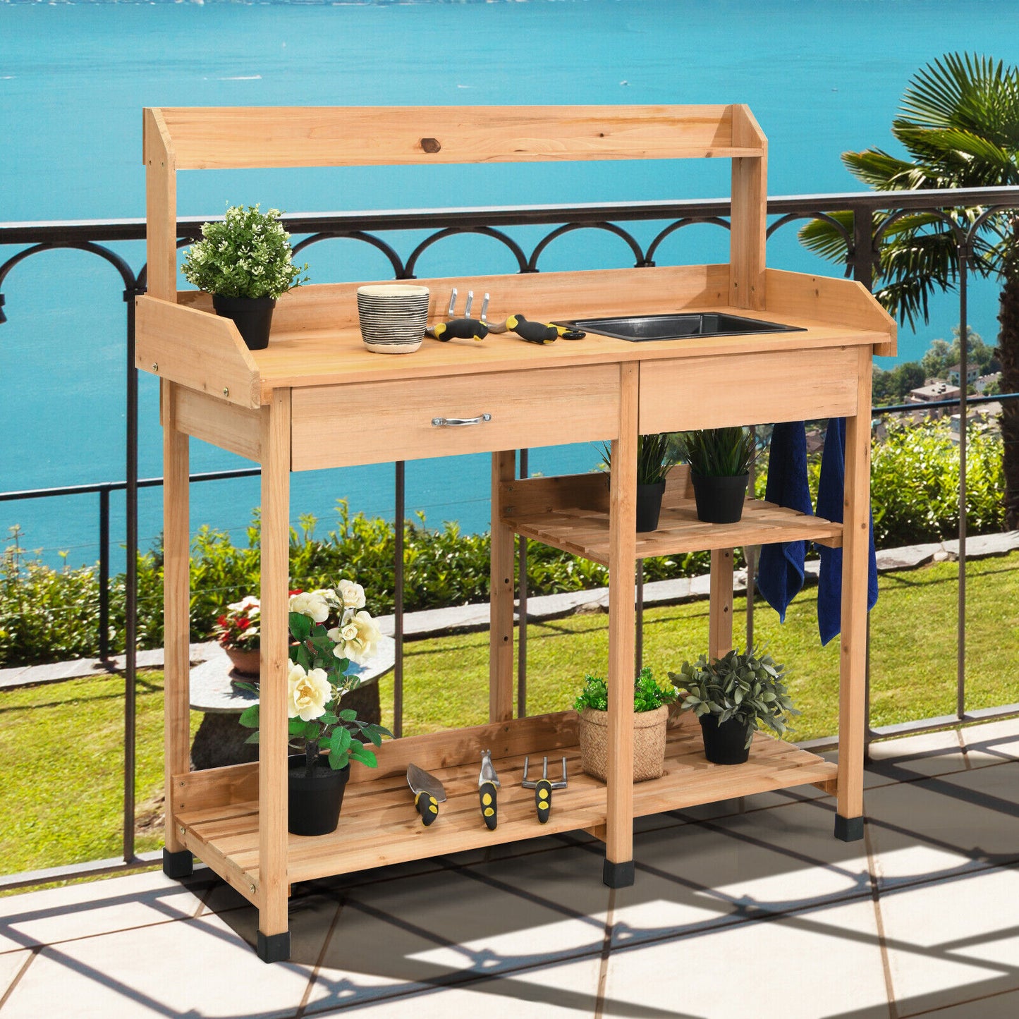 Oasis Potting Bench/Workstation w/Sink, Storage Shelf and Hooks