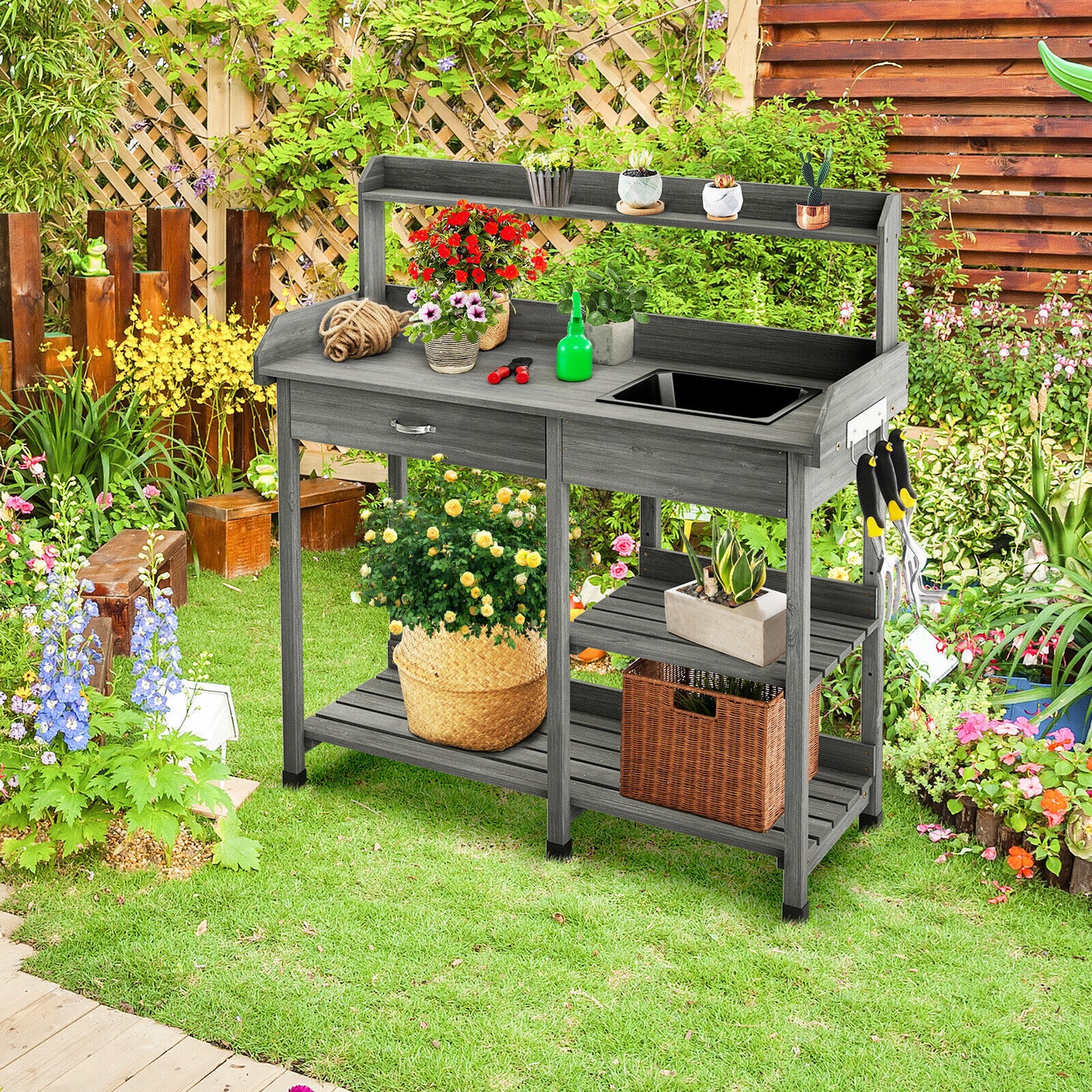 Oasis Potting Bench/Workstation w/Sink, Storage Shelf and Hooks