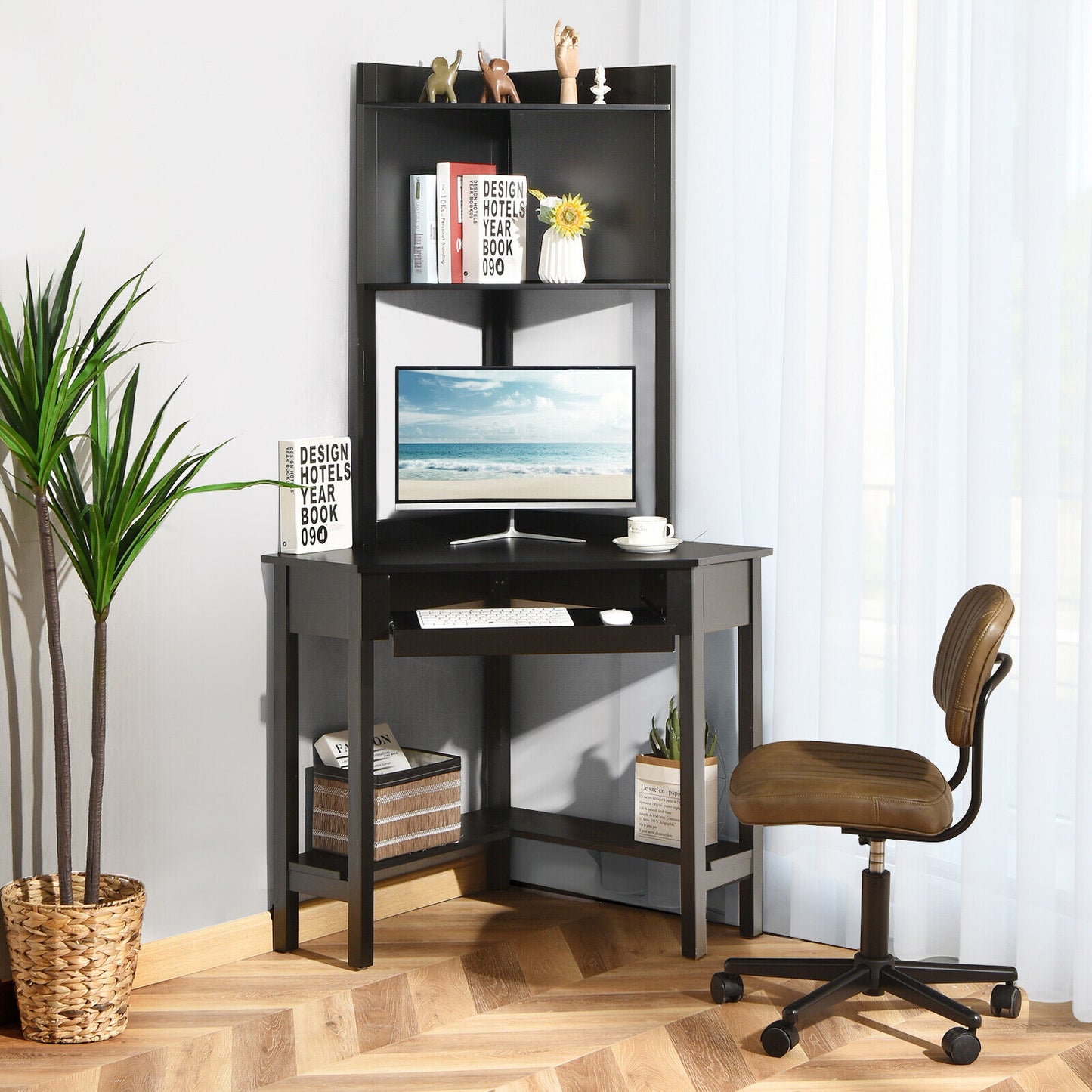 Mille Triangular Corner Desk w/ Hutch & Keyboard Tray