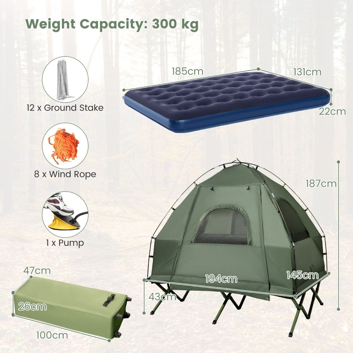 Camping Tent Cot w/Air Mattress & Carry Bag - 1 or 2 pers