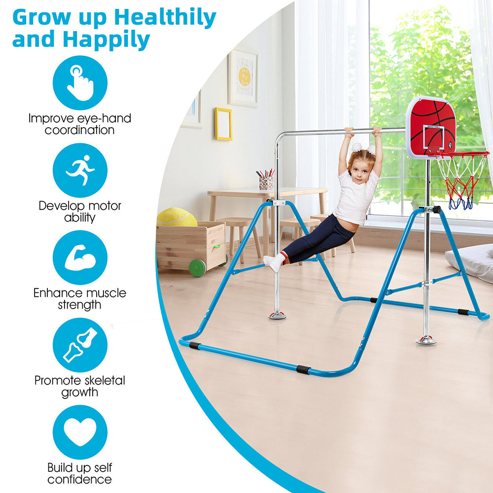 Horizontal Gymnastics Bar for Kids - Folding, Adjustable w/Basketball Hoop