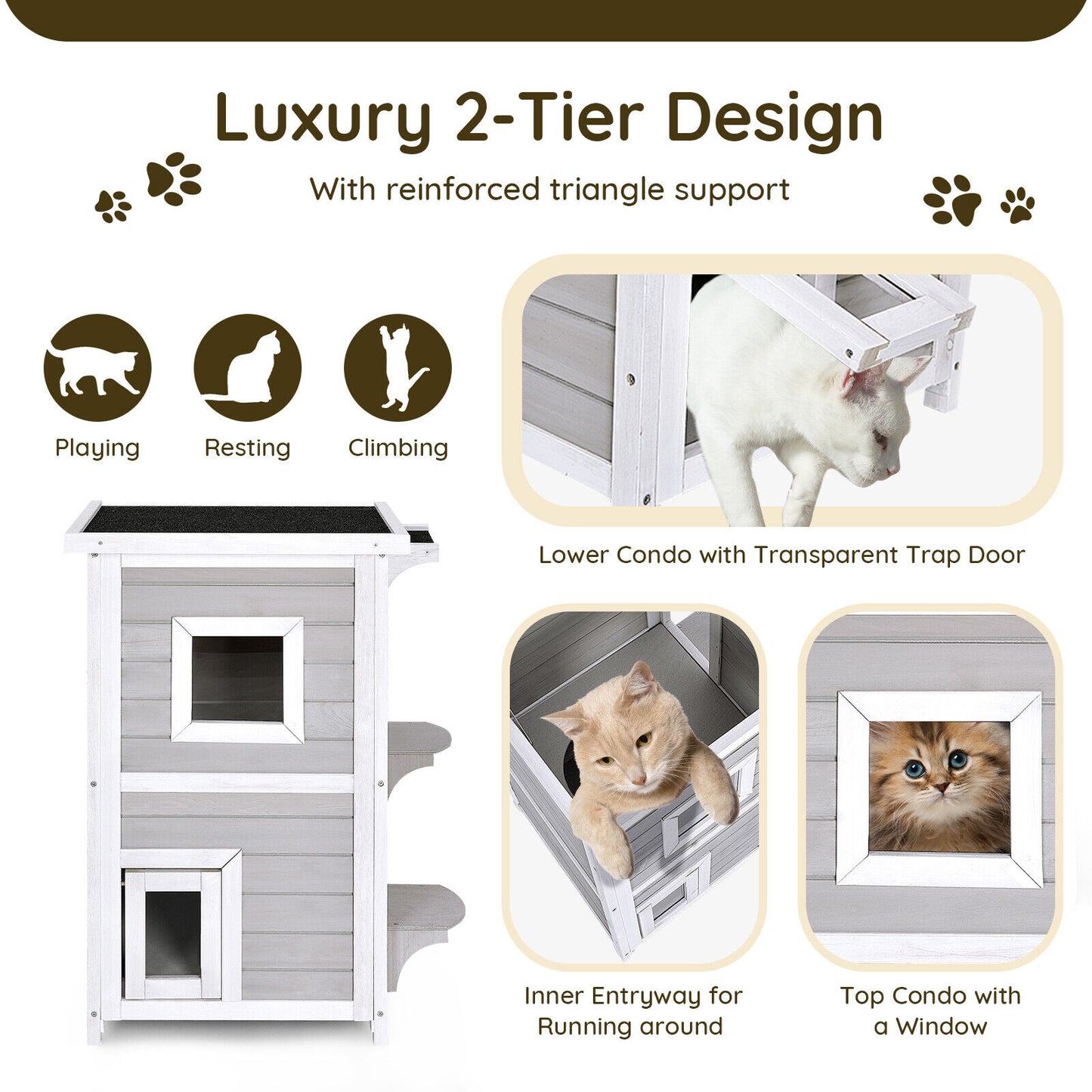 Outdoor 2 Storey Wooden Cat House w/Escape Door