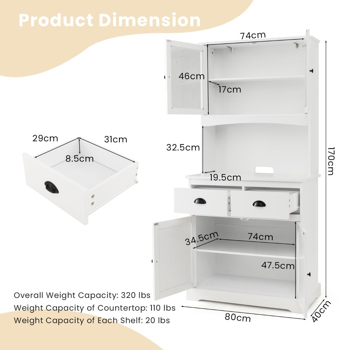 Eudora Kitchen Pantry/Buffet Cabinet w/Tempered Glass Doors