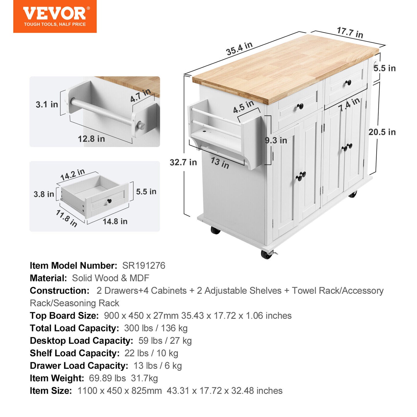 Perfecta Rolling Kitchen Island Cart/Cabinet Cart