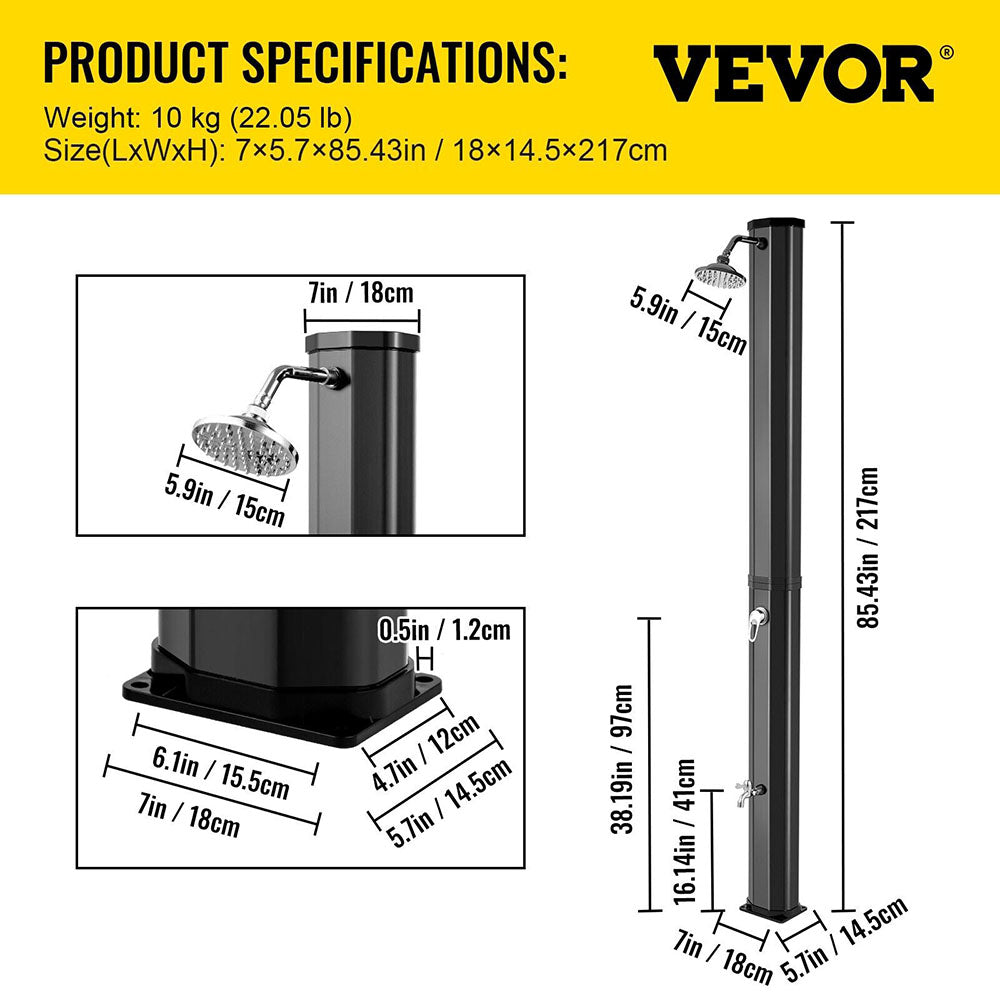 Sunny 2.2m Solar Heated Shower w/360° Head & Foot Tap Spigot -  35L