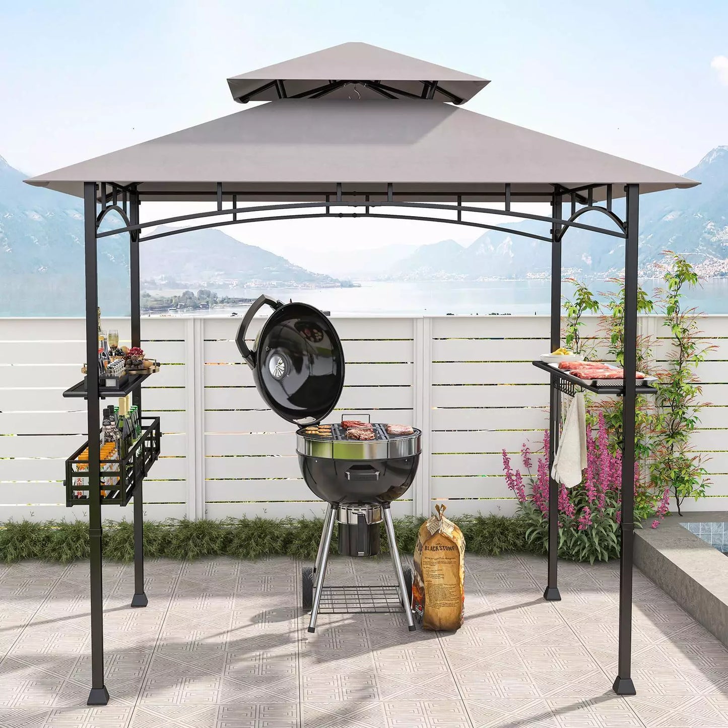 Excel BBQ Grill Gazebo w/Side Shelves & Storage Basket 242 x 153 cm