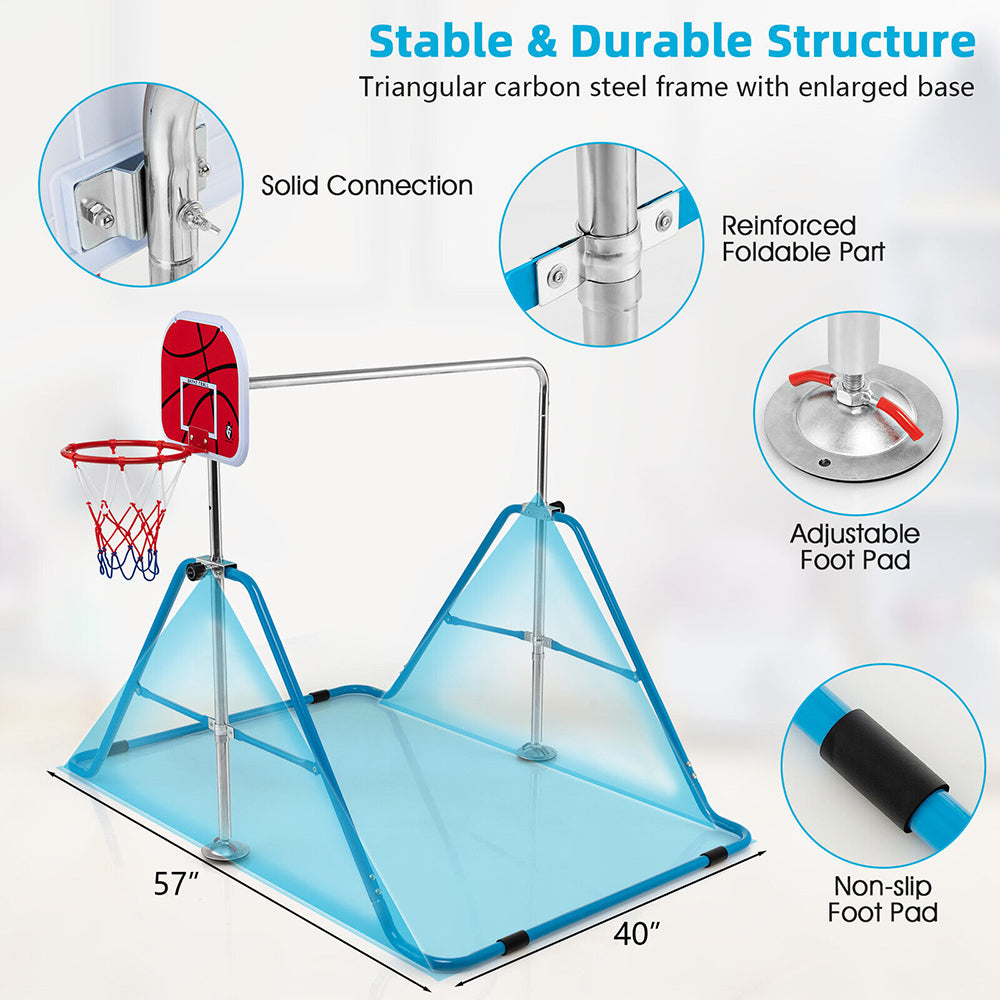 Horizontal Gymnastics Bar for Kids - Folding, Adjustable w/Basketball Hoop