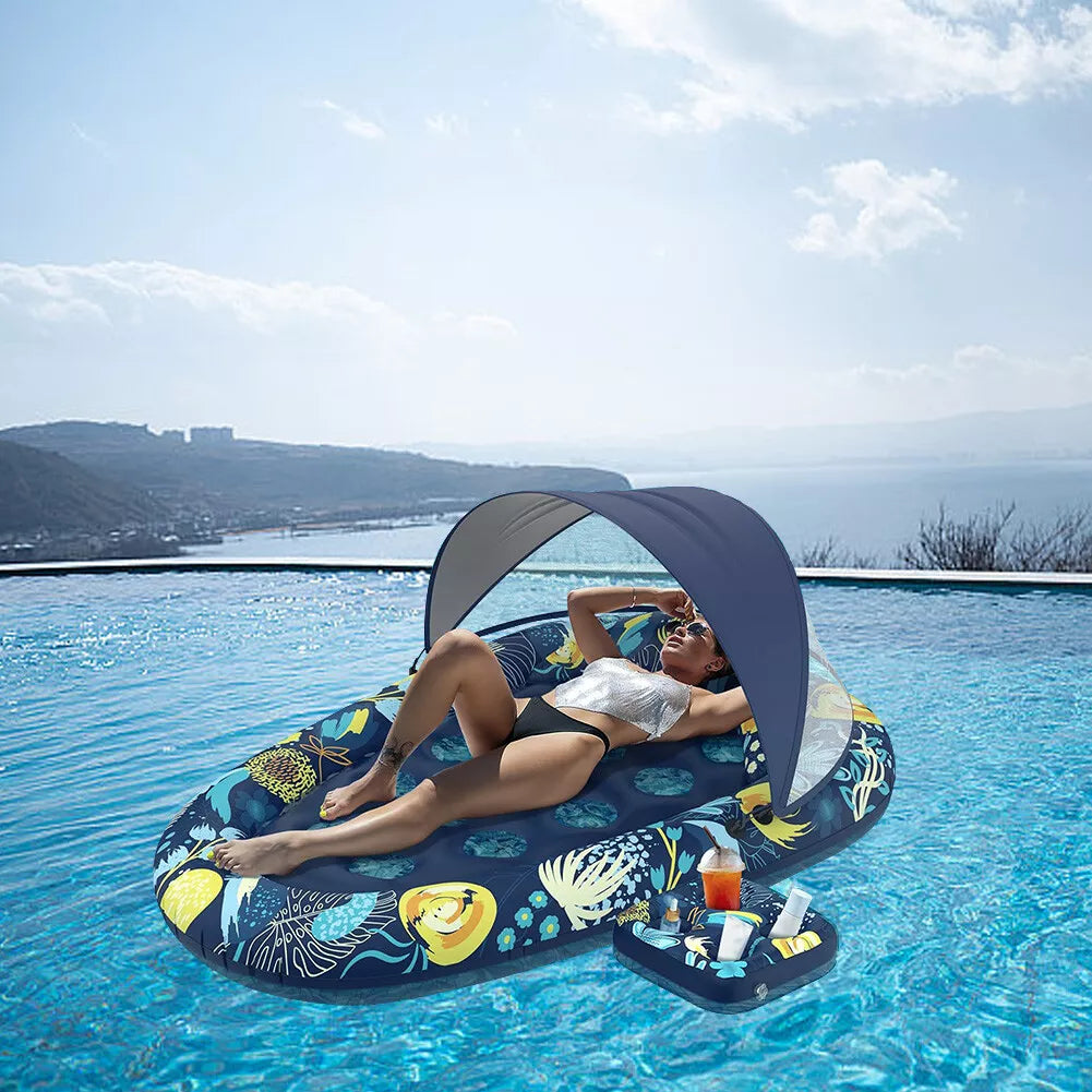 Bimini Inflatable Pool Floatie w/Sun Shade Canopy & Cup Holder