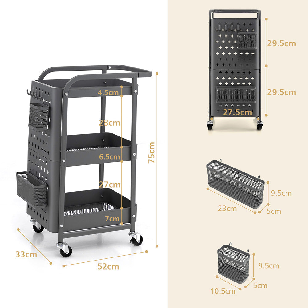 Arca 3-Tier Kitchen Storage Trolley w/ Shelves, Pegboards