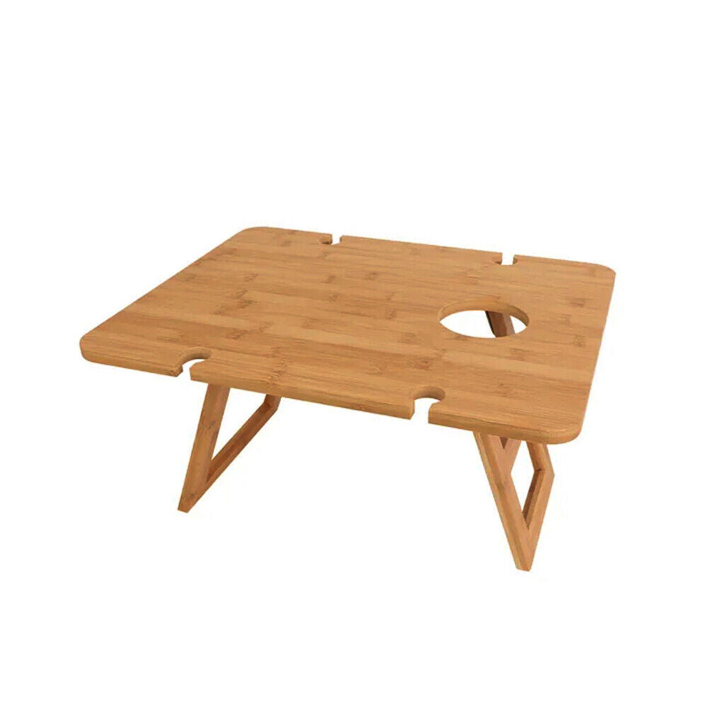 Portable Folding Bamboo Picnic Table w/Wine Glass Holder