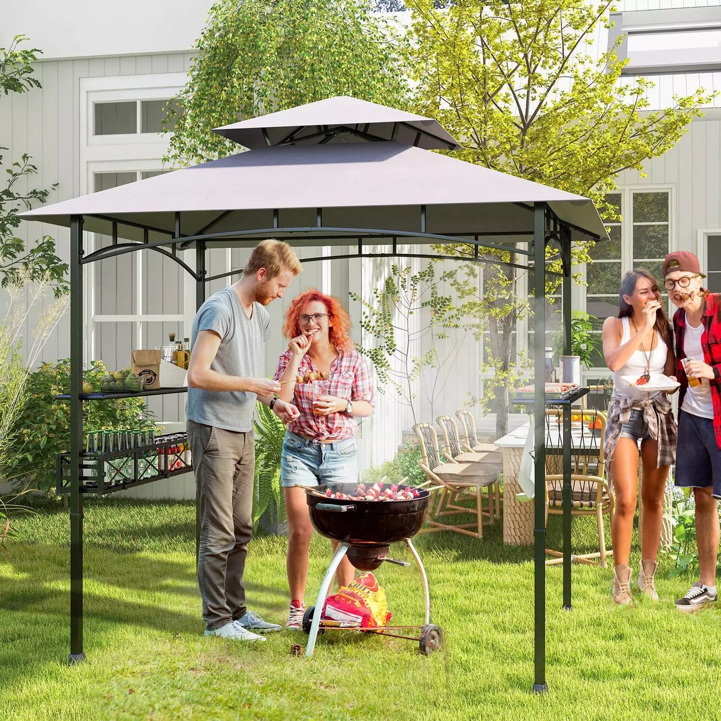 Excel BBQ Grill Gazebo w/Side Shelves & Storage Basket 242 x 153 cm