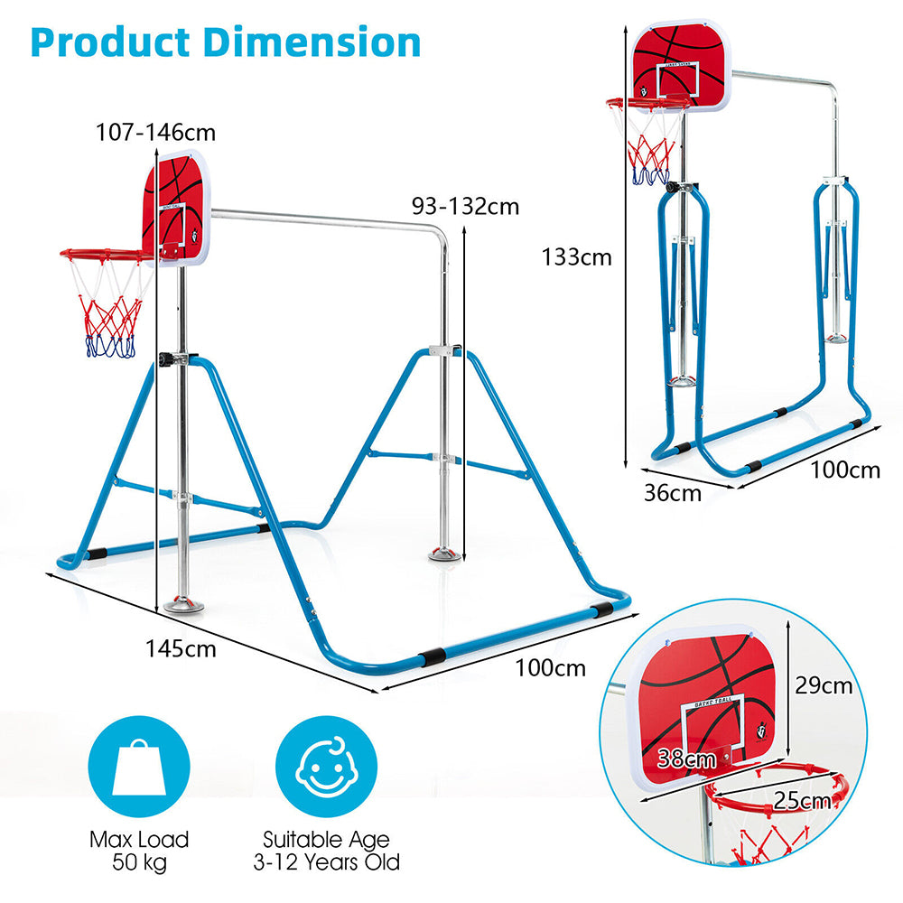 Horizontal Gymnastics Bar for Kids - Folding, Adjustable w/Basketball Hoop