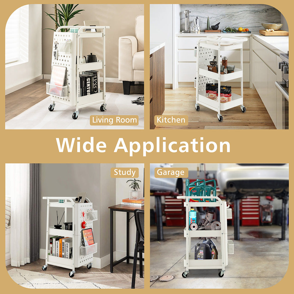 Arca 3-Tier Kitchen Storage Trolley w/ Shelves, Pegboards