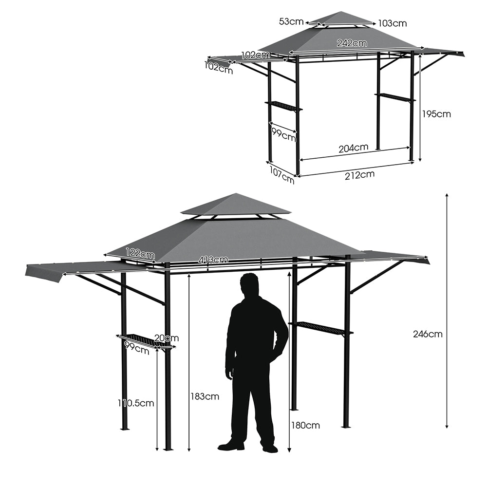 Cortona Patio Gazebo w/Side Awnings,Shelves and 2-Tier Canopy